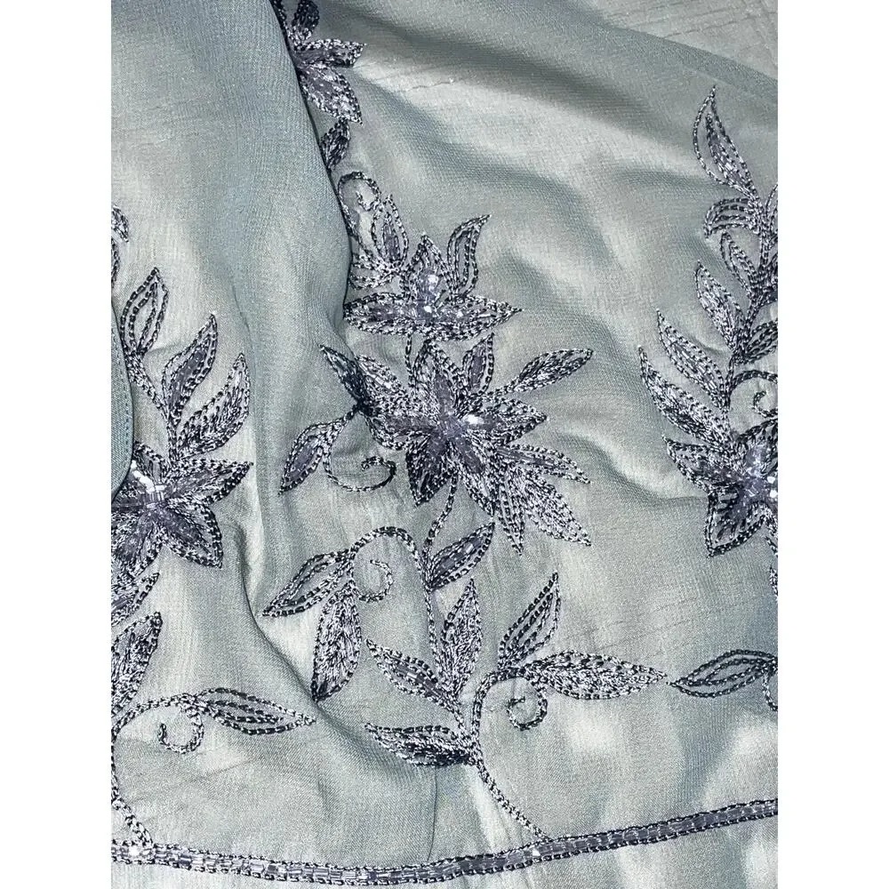 Sheer Beaded Silver Gray Georgette Long Vintage Scarf